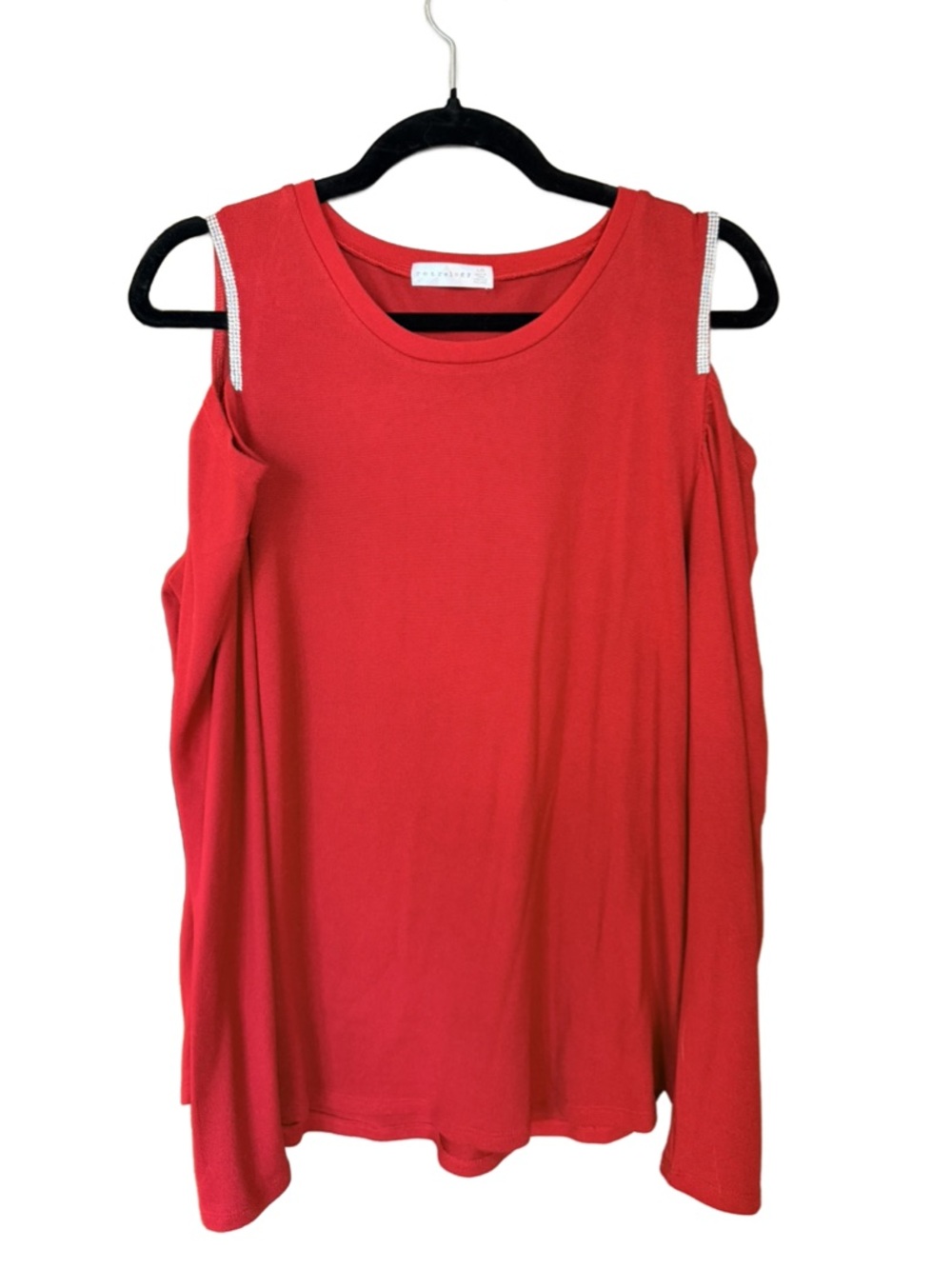 Retrology Cold-Shoulder Red Women's Top with Embellished Rhinestone Straps